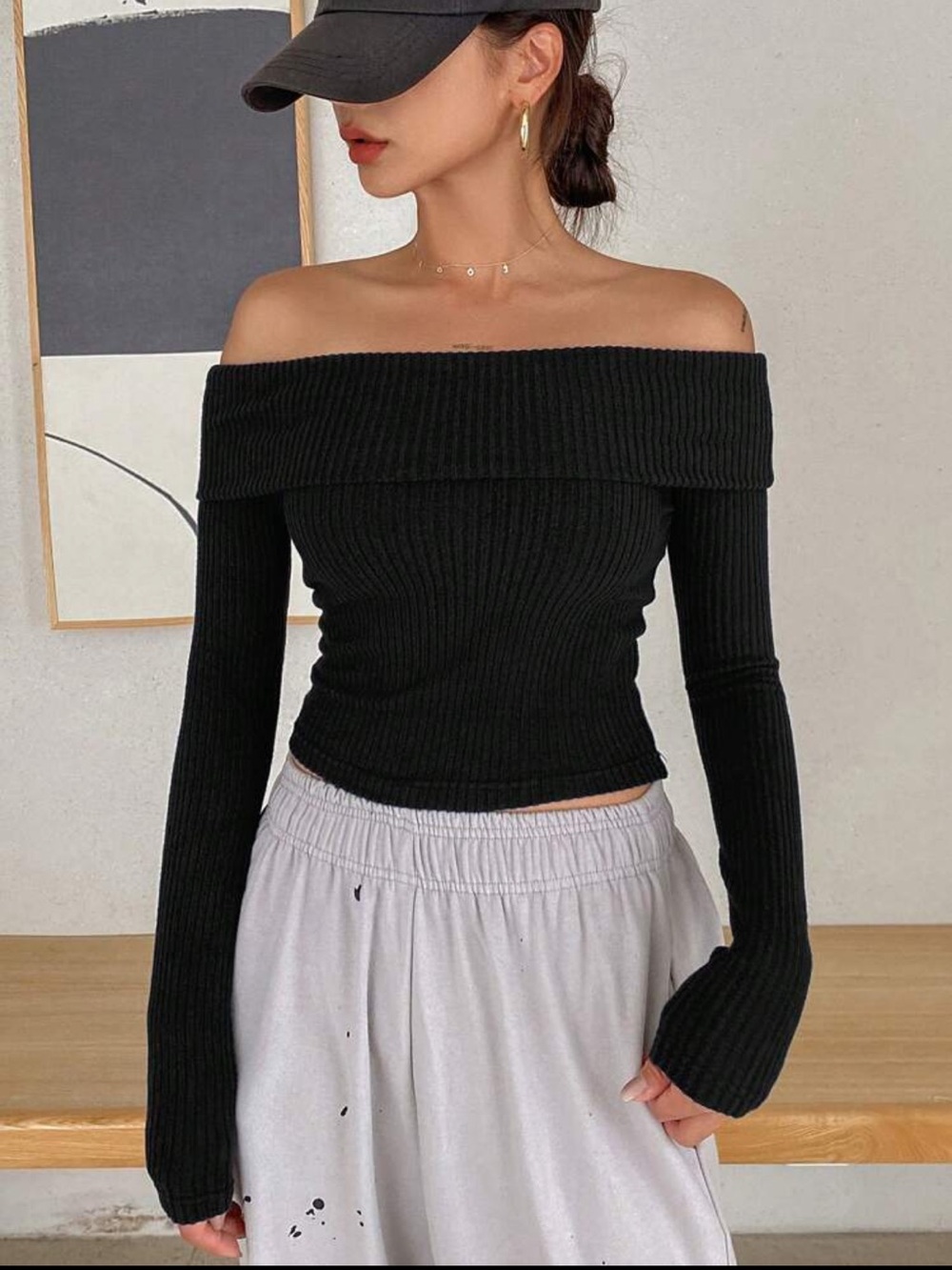 Off-Shoulder Ribbed Black Sweater